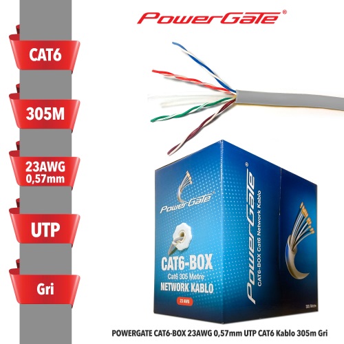 POWERGATE CAT6-BOX 23AWG CAT6 KABLO 305MT GRİ